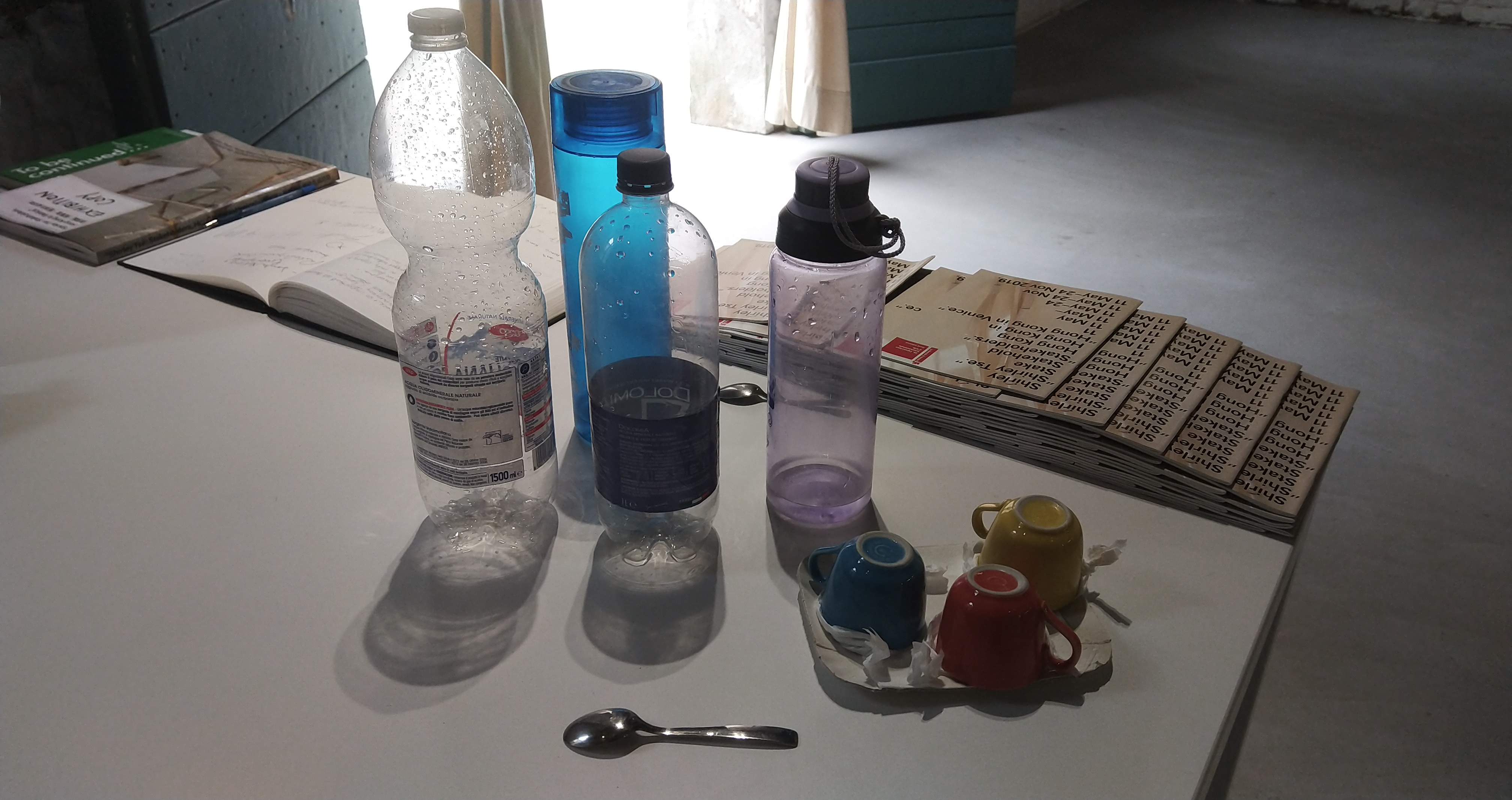 (From left to right, top to bottom) Shared bottle, Annie’s bottle, Spoon Victoria, Francesco’s bottle, Saiwing’s bottle, Spoon Imperial, random coffee cups were imitating Playcourt at reception.